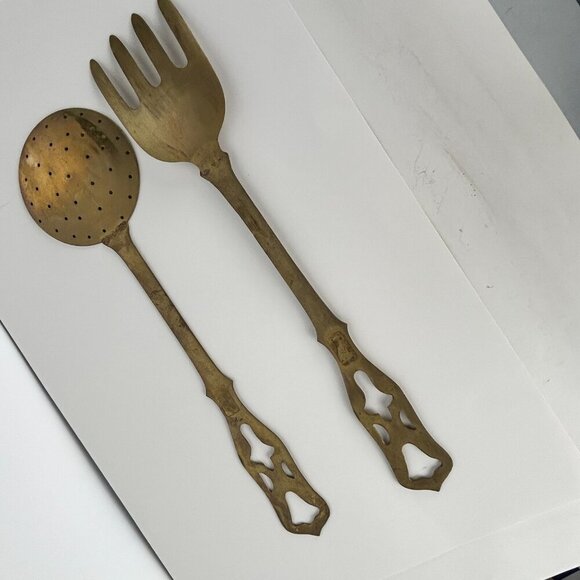 Italian Vintage Brass Hanging Fork and Strainer Spoon Cooking Utensils 16" Decor - Picture 5 of 14